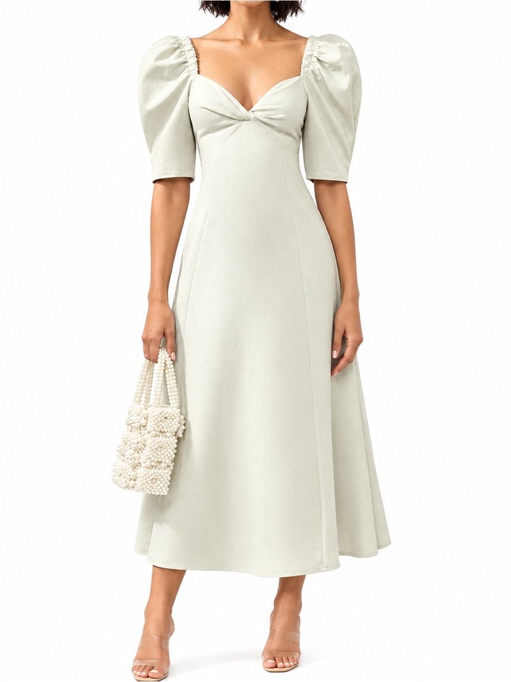 NEW Zara Linen Knotted Puff Sleeve Cottagecore Cream Midi Dress Size L